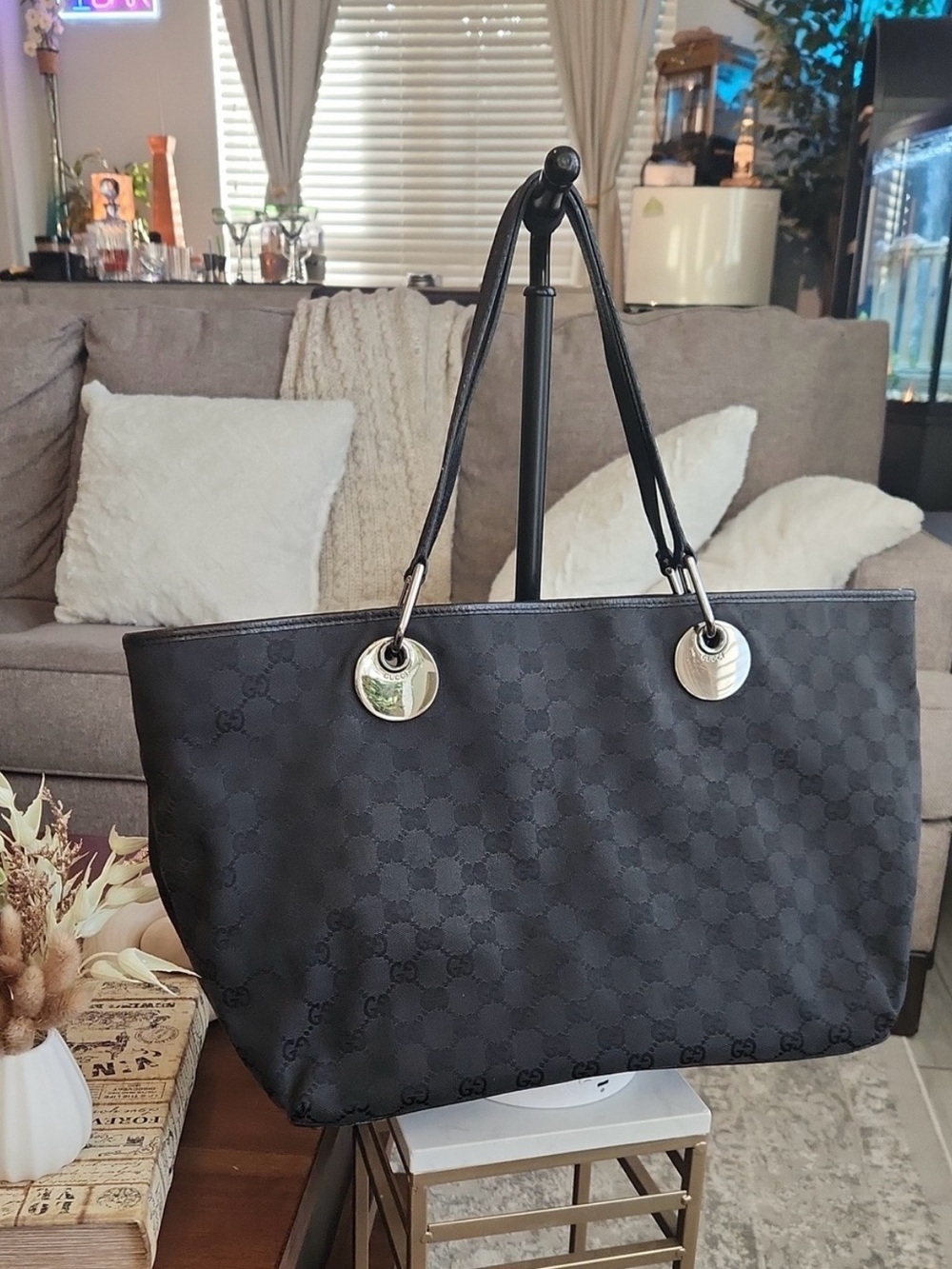Gucci Black GG Canvas Tote with Silver-Tone Discs